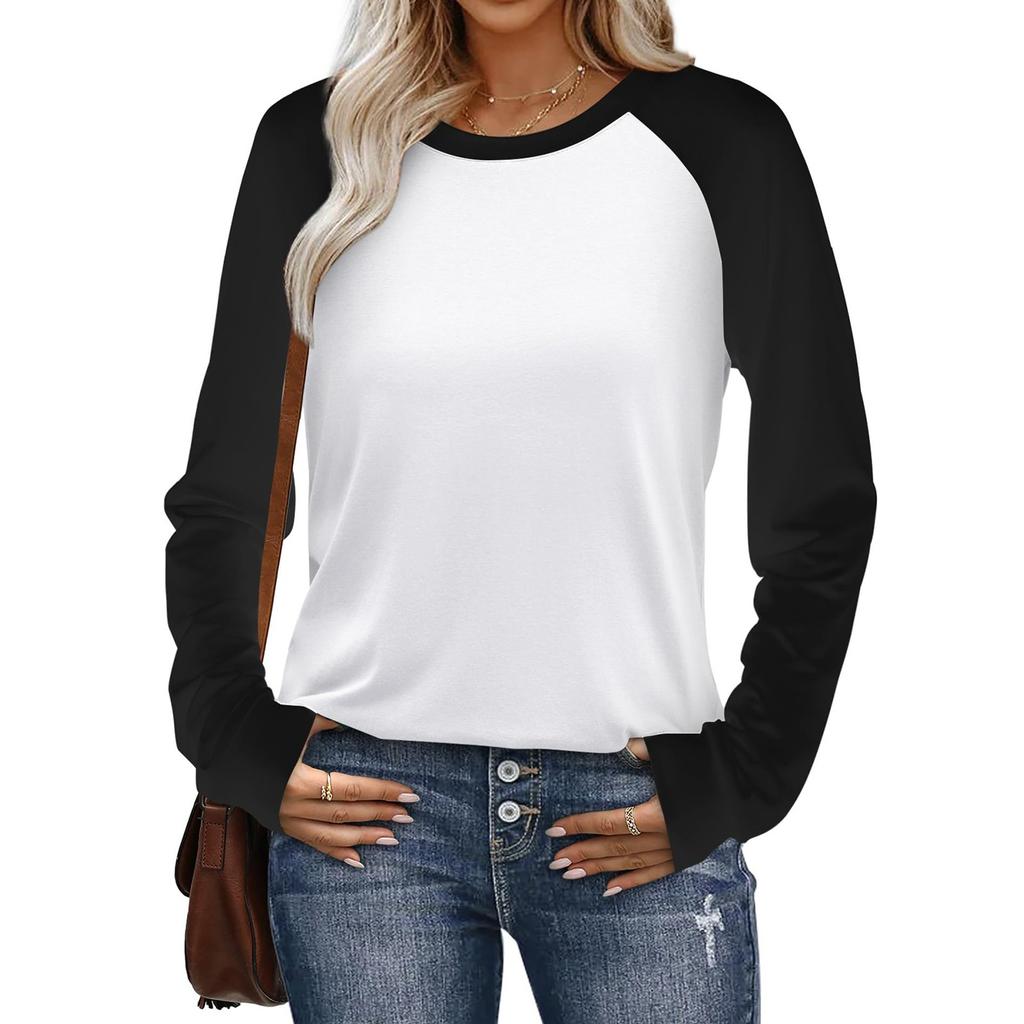 Women's Temperament Round Neck Long Sleeve Color Matching T-shirt,