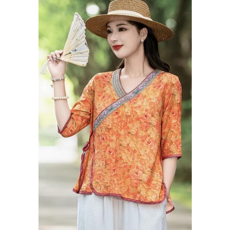 Women's Orange Floral Print Wrap Blouse with Frog Buttons Contrast Trim 3/4 Sleeve Top