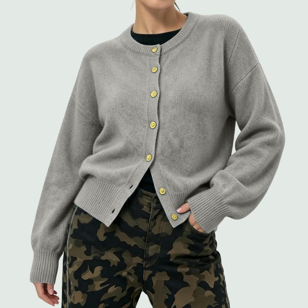 Women's Color Single Breasted Long Sleeve Round Neck Casual Knit Cardigan