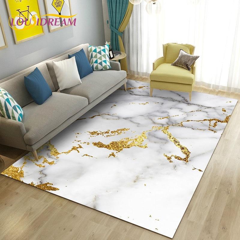 Nordic Marble Texture Goldren Cyan Area Rug Large,Carpet Rug for Living Room Bedroom Sofa Doormat Decor,Kid Non-slip Floor Mat