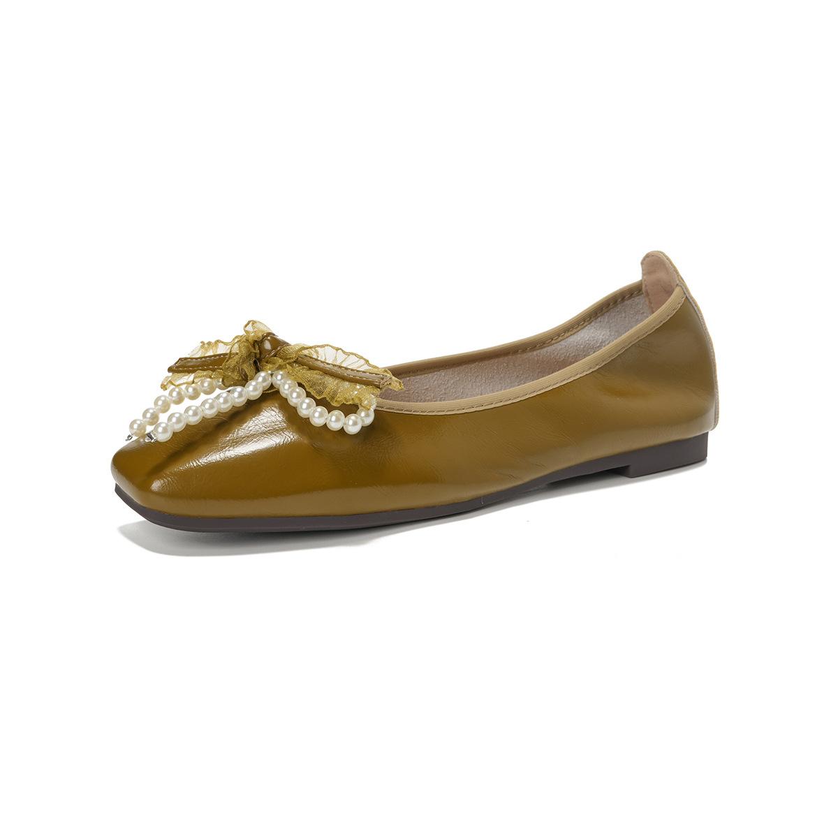 

Square head single shoes women s summer light mouth bow pearl flats 43 зелёный