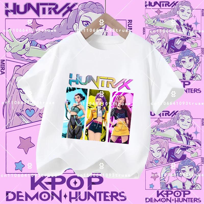 Summer T-shirt casual top with cartoon print, children's pure Polyester short-sleeved K-pop Demon Hunter girl cute sports shirt