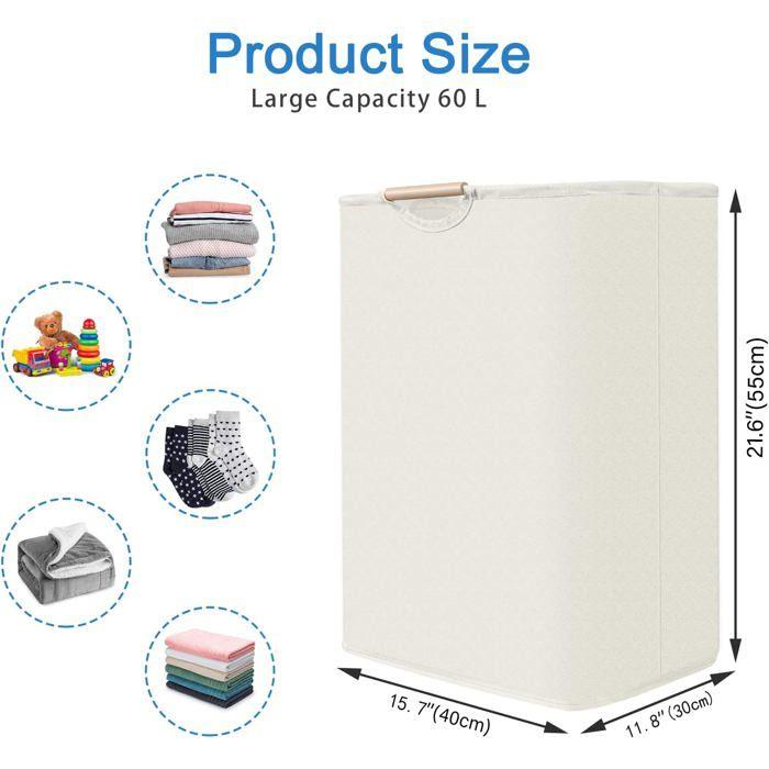 Panier à linge pliable 60 L avec poignée en bois – corbeille autoportante en tissu imperméable blanc