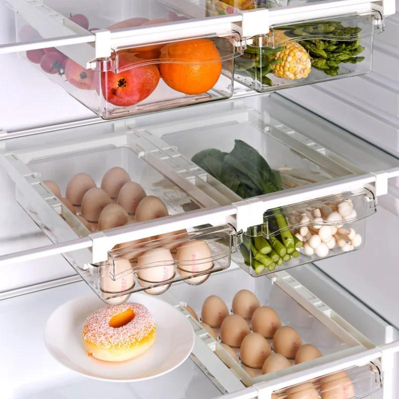 Kitchen Storage Box Fruit Vegetable Preservation Organizer Transparent Egg Container Under-shelf Refrigerator Drawer Silver Tray