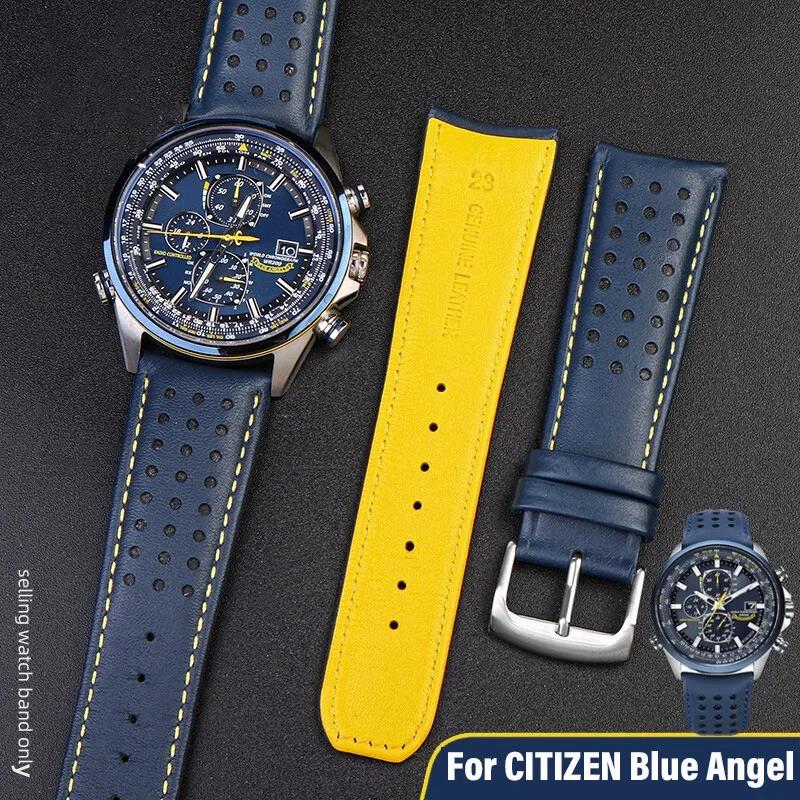 22mm 23mm Cowhide Watch Strap For CITIZEN Blue Angel Radio Wave Watch Band AT8020-54L/8020-03L/JY8078 Curved End Yellow Bracelet