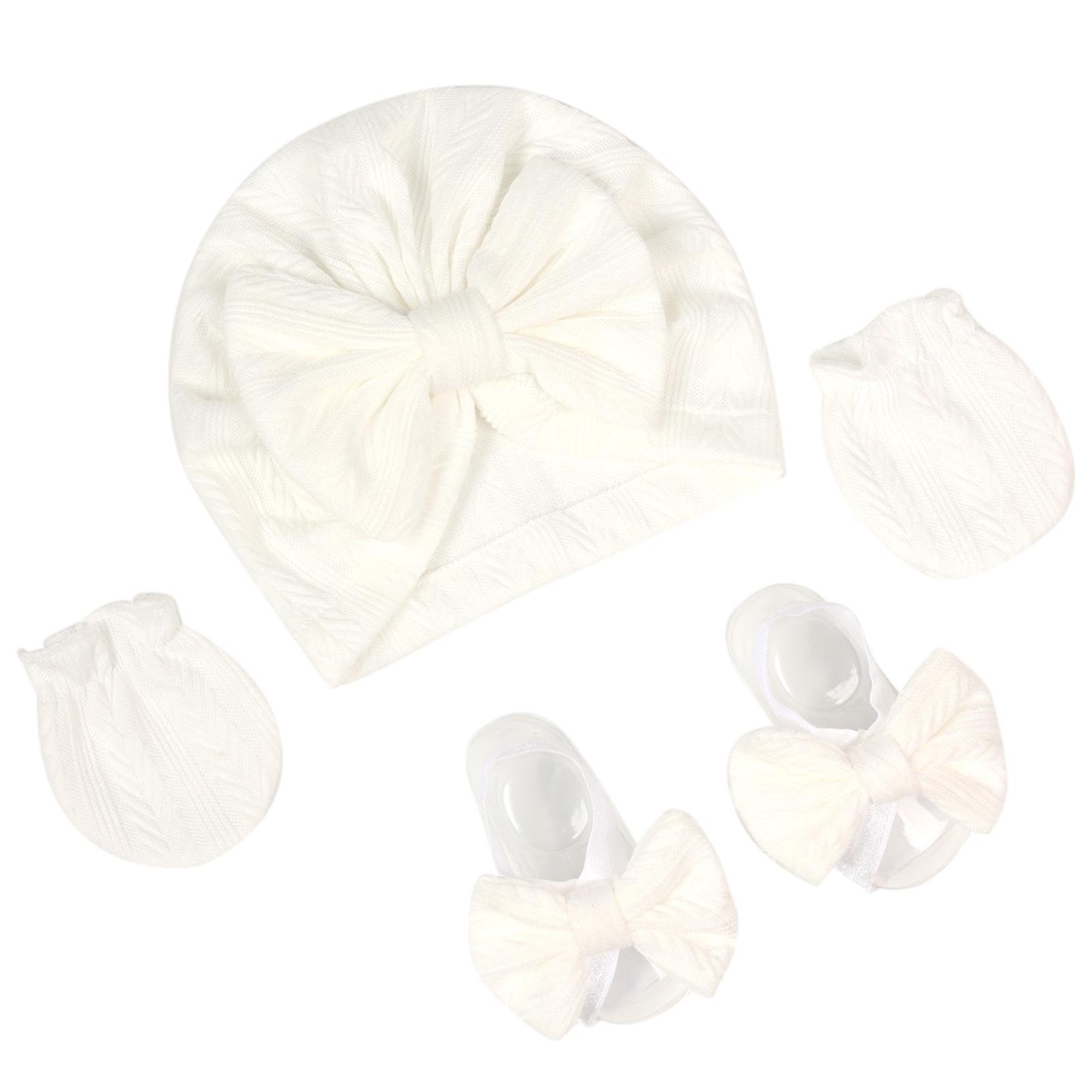 

Детская шапочка-тюрбан, больничная шапочка с перчатками и бантом на ножки для новорожденных, мягкая шапочка-чепчик, набор для ребенка 0-3 месяцев белый