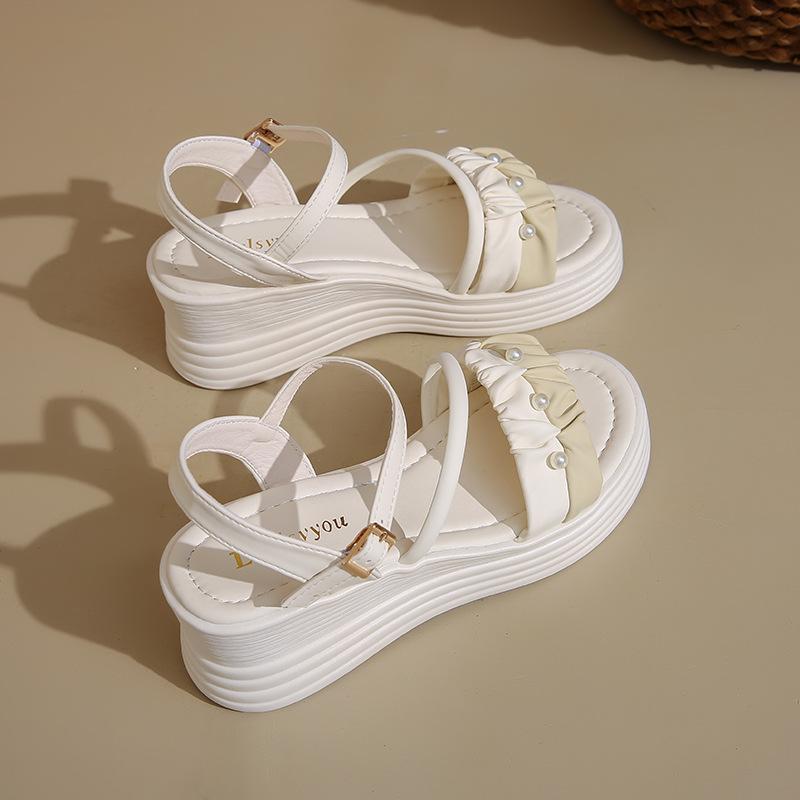 Босоножки в стиле феи, женские, лето 2025, новая коллекция, обувь на платформе-маффин для ношения с юбкой, пляжная обувь на мягкой подошве 35 бежевый