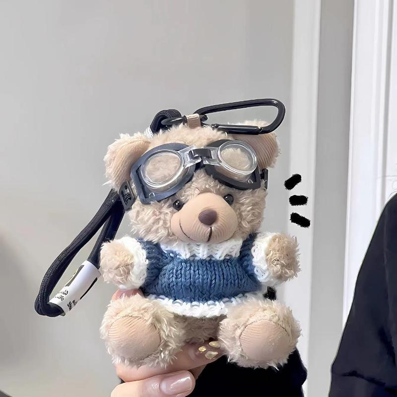 Cute Pilot Bear Plush Keychain - Soft Stuffed Animal Bag Charm with Goggles