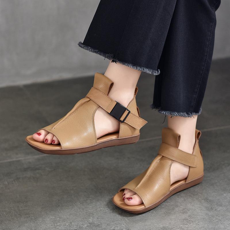 GKTINOO Peep Toe Flat Sandals 2025 Summer New Retro Genuine Leather Comfortable Soft Sole Belt Buckle Women's Shoes