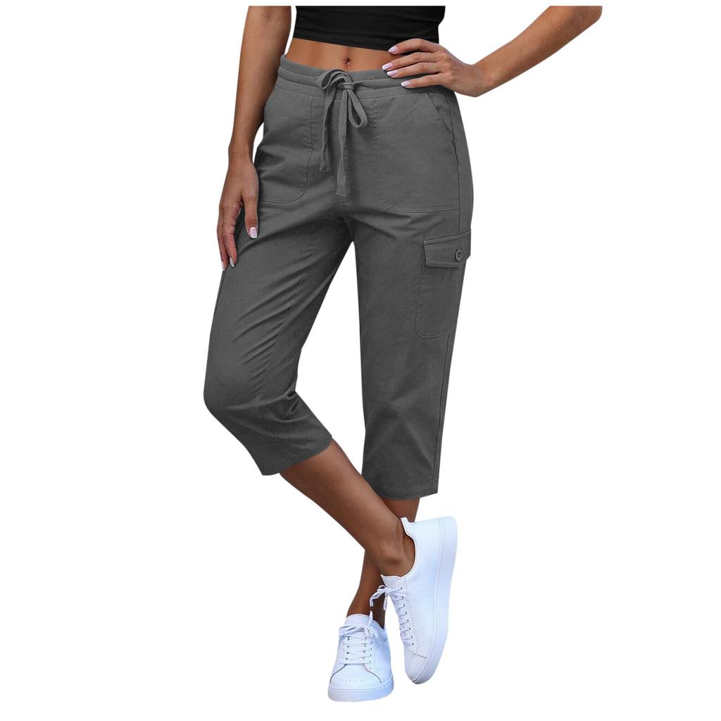 Women Elastic High Waist 3/4 Pant Casual Fit Wide Capris Leg Pants Trousers With Pockets