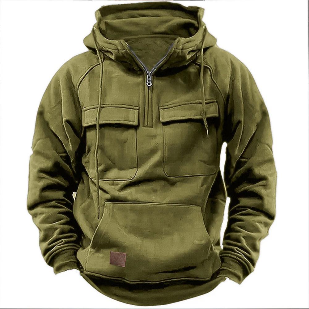 Men's Multi-Pocket Hooded Sweatshirt Jacket - Solid Color, Leather Accents, Spring/Autumn Style for European and American Youth