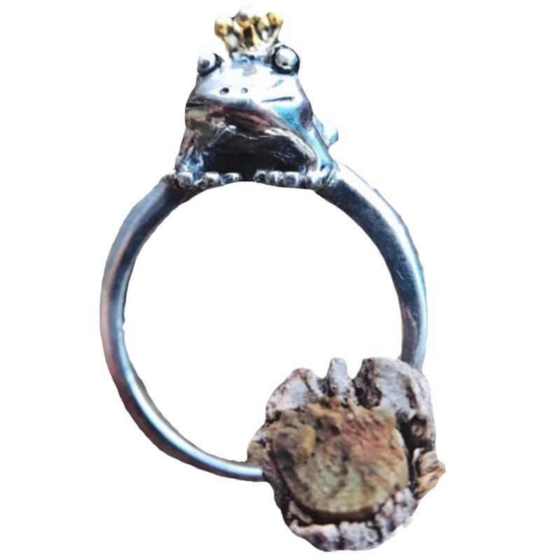 Adjustable Open Ring Men Women Sterling Crown Frog Design Vintage Artisan Jewelry