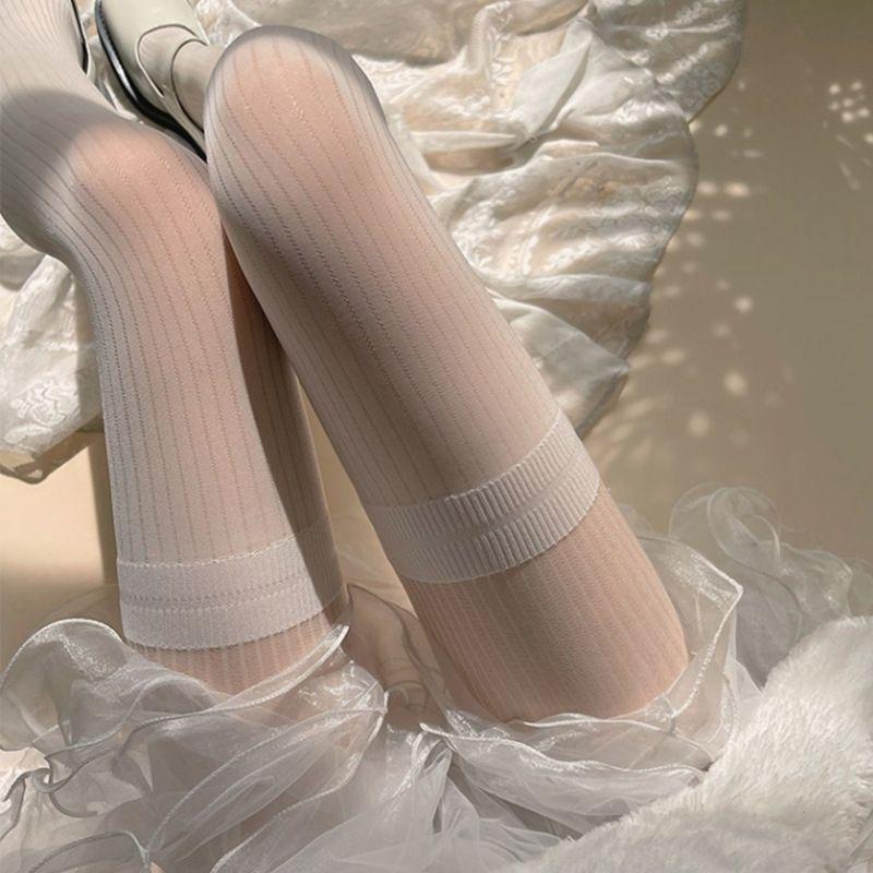 Japanese - Style Striped Stockings Vertical - Striped Fake Over - The - Knee Stockings Vertical - Striped Spliced Pantyhose Black - Silk Pantyhose