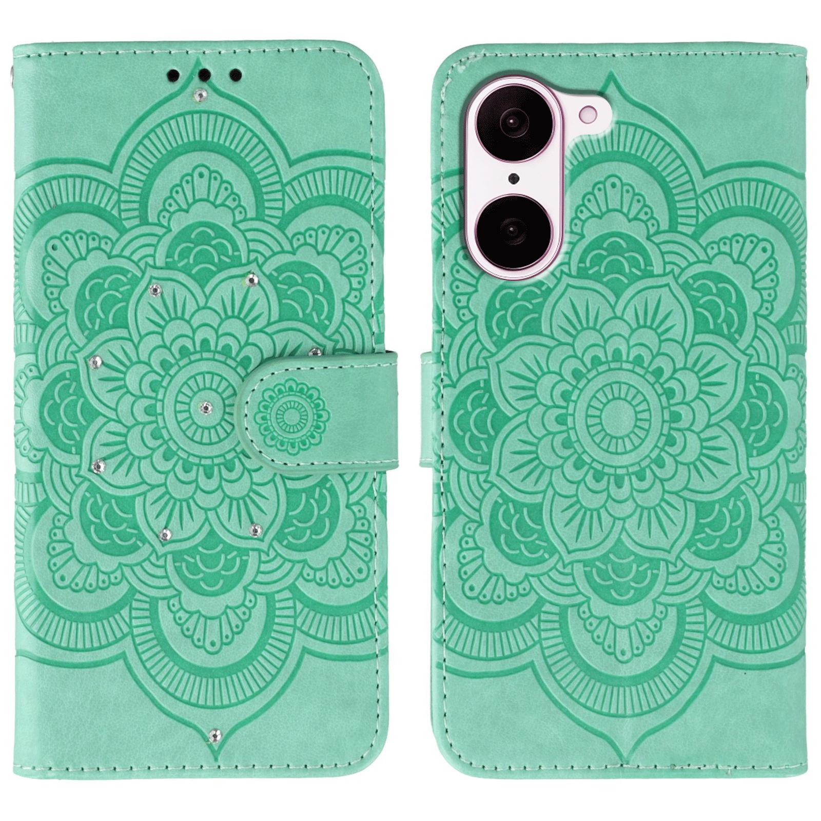 

For OnePlus Nord CE5 5G/Ace 5 Racing 5G Case Rhinestone Decor PU Leather Mandala Imprinted Design Phone Cover with Wrist Strap Green