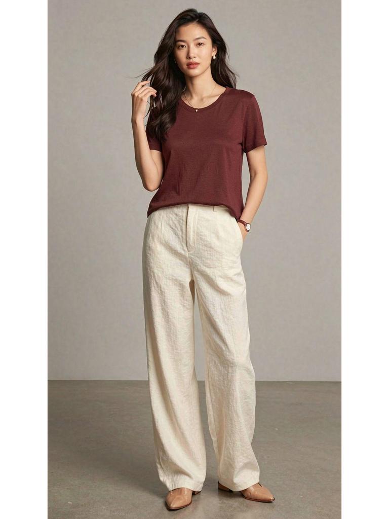 2026 Hangzhou Women's Mulberry Silk Lyocell U-Neck Tee - Lightweight, Breathable, Short-Sleeved Summer Fashion