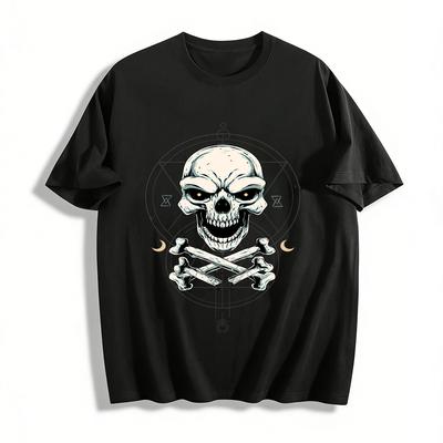 Gothic Skull Crossbones Print Edgy Casual Crewneck Top Pure Cotton T-shirt