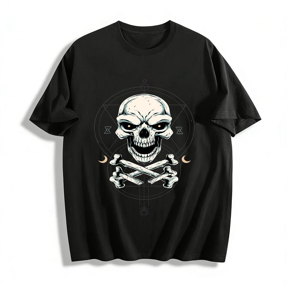 Gothic Skull Crossbones Print Edgy Casual Crewneck Top Pure cotton T-shirt XXS