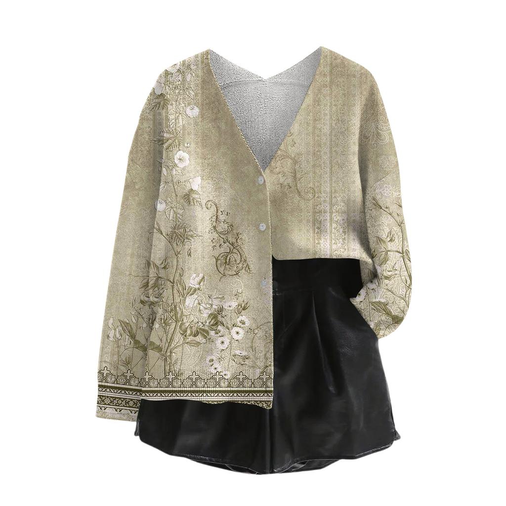 Women's V Neck Top Printing Thickened Plush Cashmere Warm Long Top