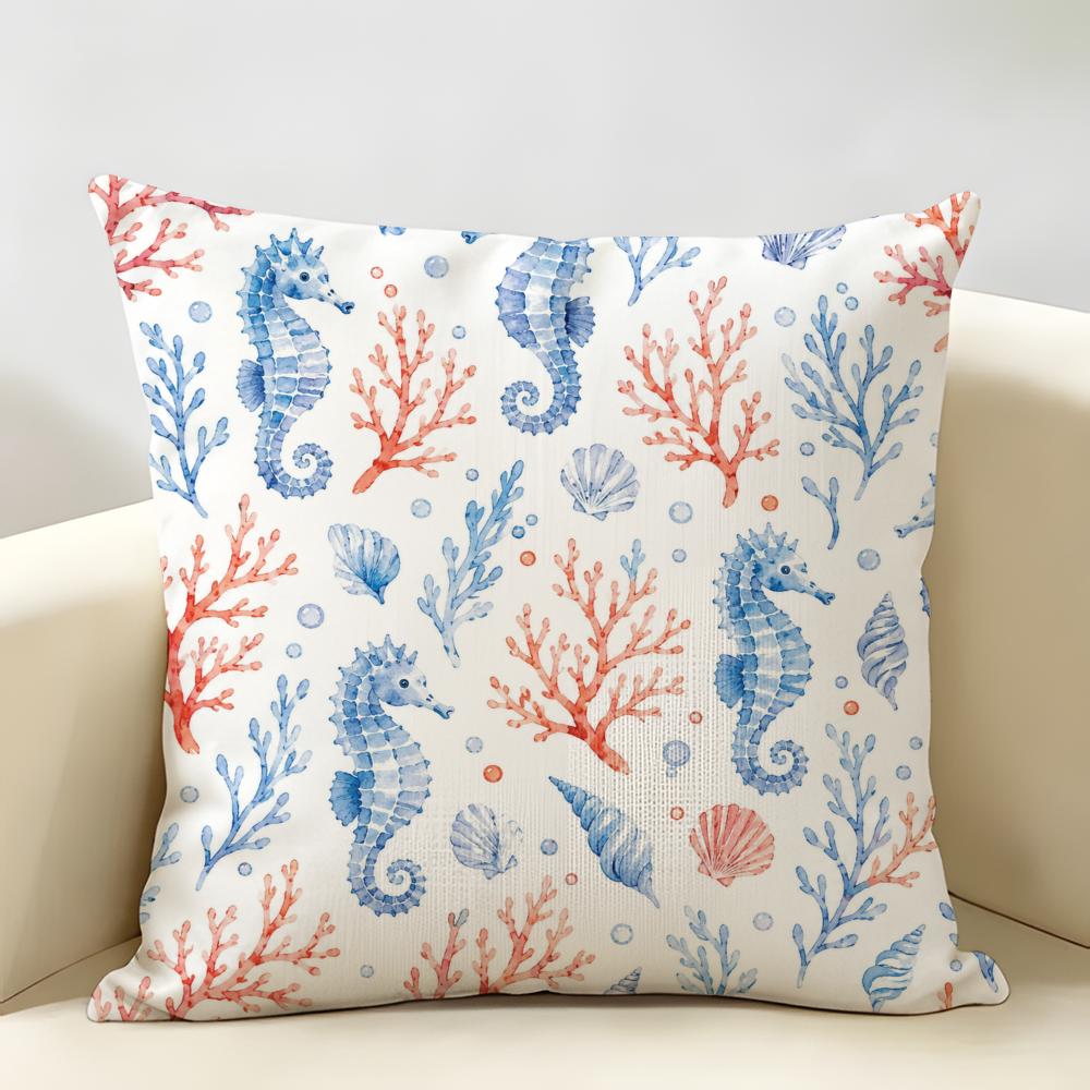 Blue White Red Ocean Animals Cushion Cover Natural Linen Organic Fabric Double-Sided Printing Breathable Perfect For Home Decor