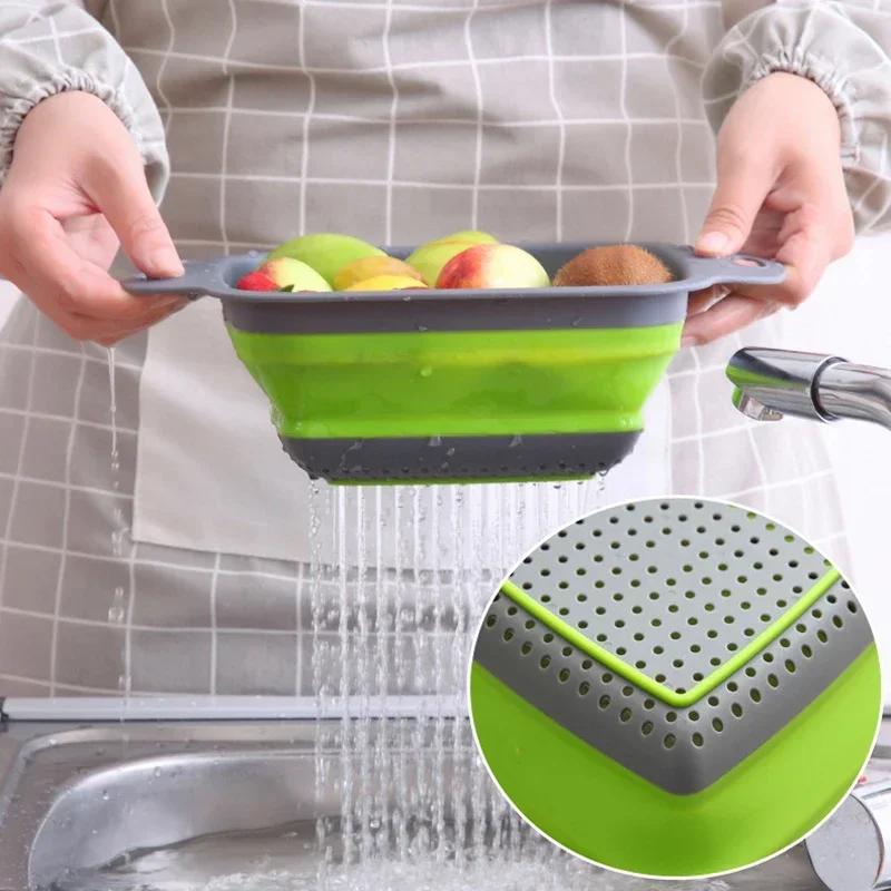 1Pcs Silicone Folding Drainer Basket Fruit Vegetable Foldable Colander Kitchen Strainer for Food Pasta Kitchenware Drain Device