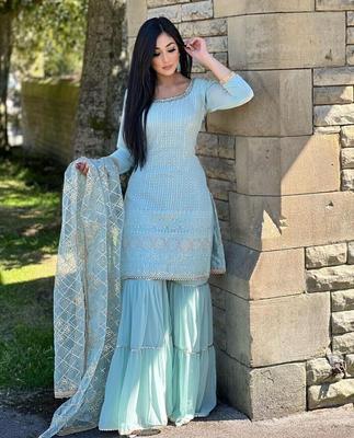 Indisches Damen-Designer-Top, Sharara, Dupatta, Set, pakistanisches Bollywood-Party-Kleid, Salwar Kameez