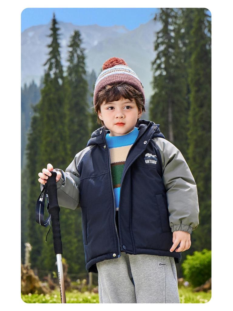2025 New Boys' Thickened Hooded Cotton Jacket - European Winter Style with Contrasting Colors for Toddlers and Children