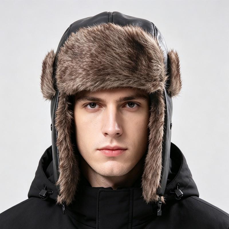 Unisex Winter PU Faux Leather Beanie Hat With Ear Protection Warm Thick Lined Ski Cap Foldable Streetwear Style