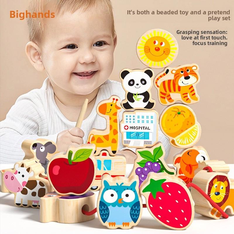 Wooden Animal Fruit Bead Stacking Blocks For Toddler Development