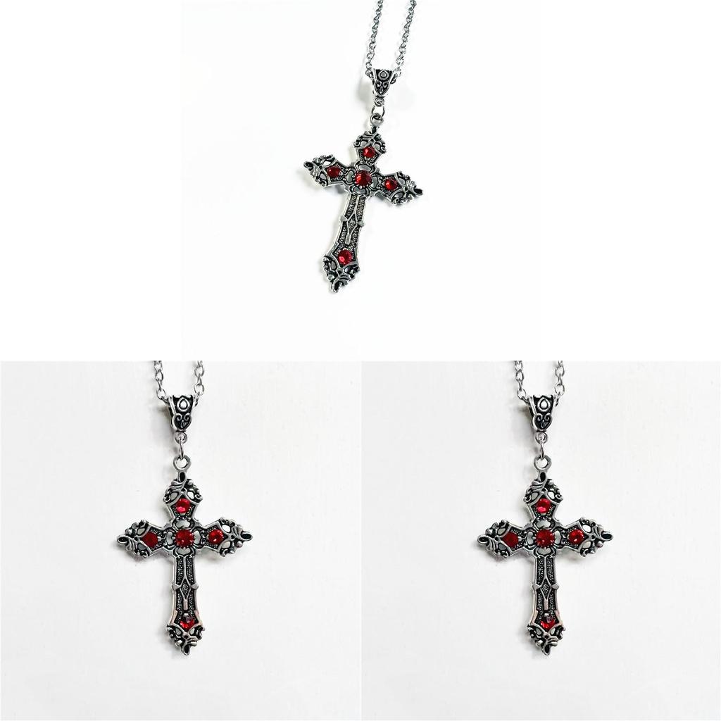 Gothic Black And Red Gemstone Cross Pendant Necklace With Alloy Chain For Men Women
