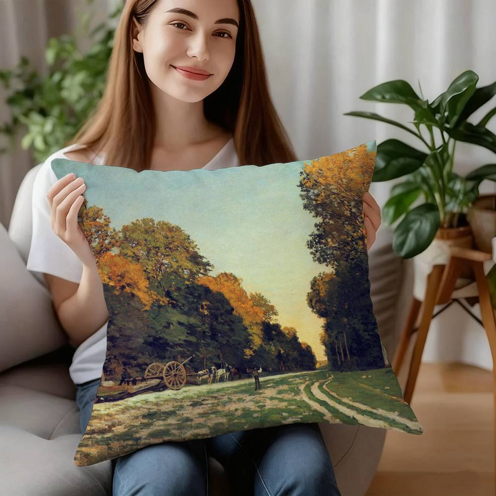 C-Claude MonetS Art Pillow Case Sofa Decorative Home Double-sided Printing Short Plush Cushion Pillow Cover Holiday Gift