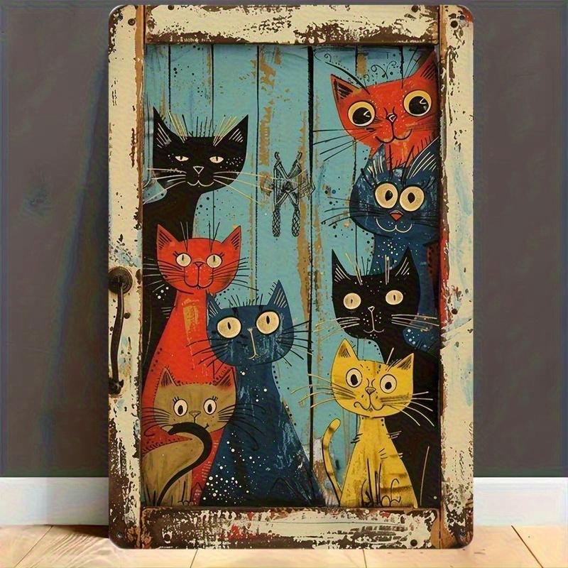 

Vintage Colorful Cats Peeking Door Metal Tin Sign Retro Rustic Whimsical Cat Art Wall Decor Rustic Home Living Room Bedroom Pl 20x30cm（7.8x11.8inch）