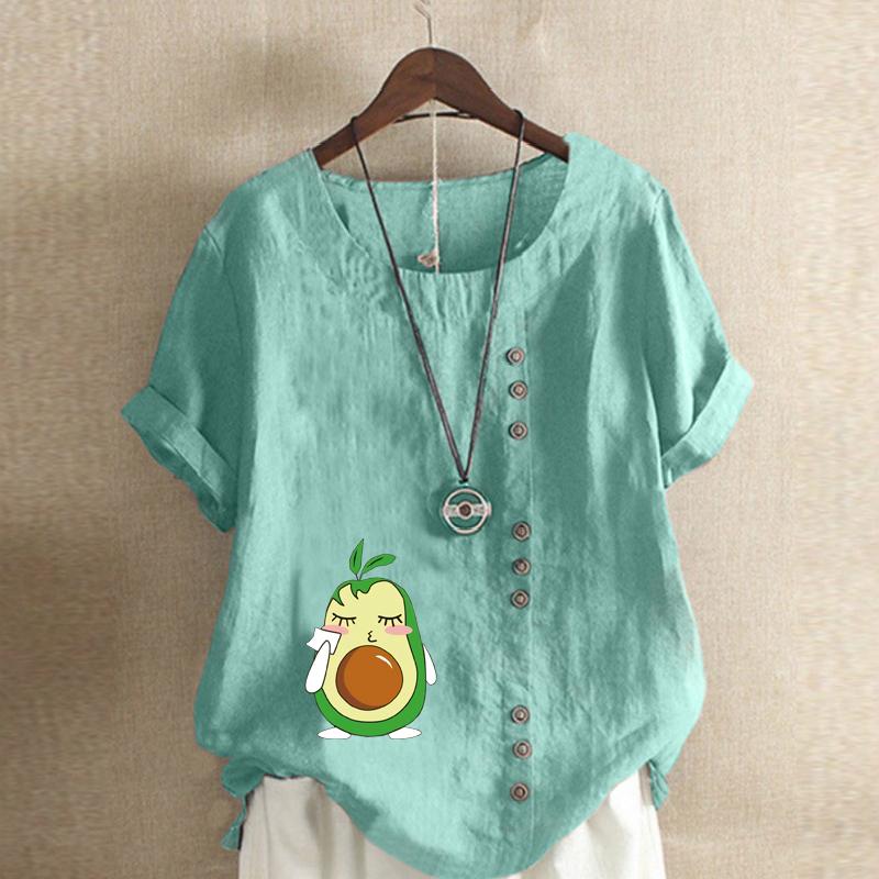 Women's Fashion Cute Avocado Prined Round Neck Short Sleeve T-shirt Casual Cotton Linen Graphic Shirt Leisure Loose Summer Blouse Tops Plus Size
