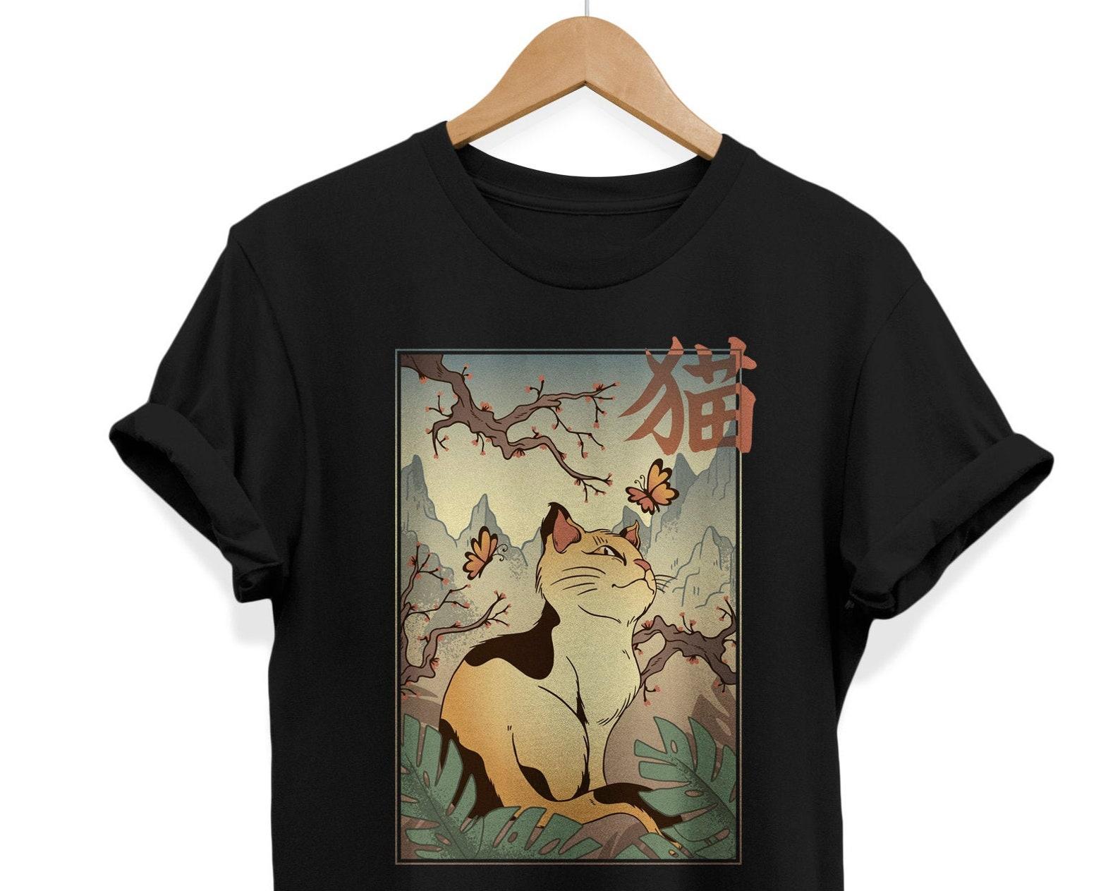 Vintage Japanese Cat T-Shirt, Kanji Art Graphic Tee S