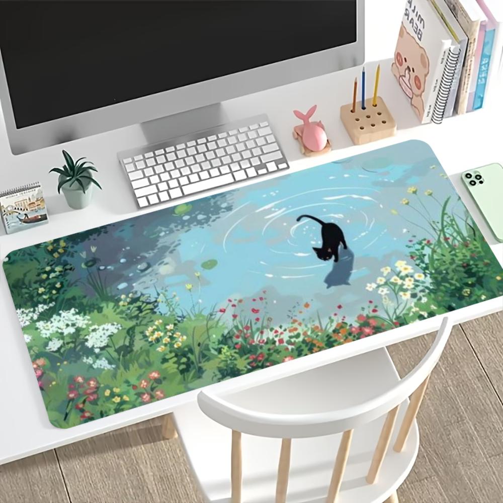 Floral Cute Cat Large Gaming Mouse Pad Non Slip Rubber Lock Edge Extended Desk Mat For Gamers Office Laptop Desktop Work Setup