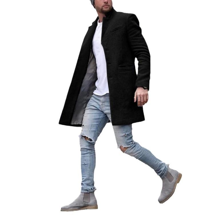 Men's Mid-length Woolen Windbreaker Jacket with Dragon Phoenix Design