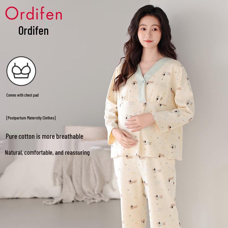 Oudifen Women s 100% Cotton Maternity Pajama Set with Built-in Pads 2XL