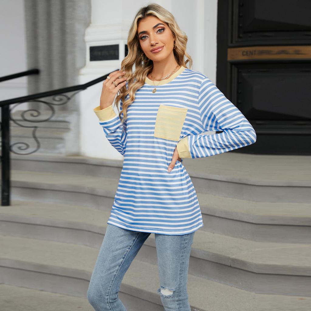 Spring Autumn Long Sleeve O Neck Striped Single Pocket Women Pullover T Shirt Blouse Top