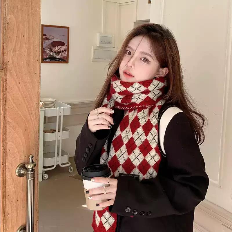 Red Scarf Women'S Winter Plaid Christmas Birthday Gift Year Gift Knitted Wool
