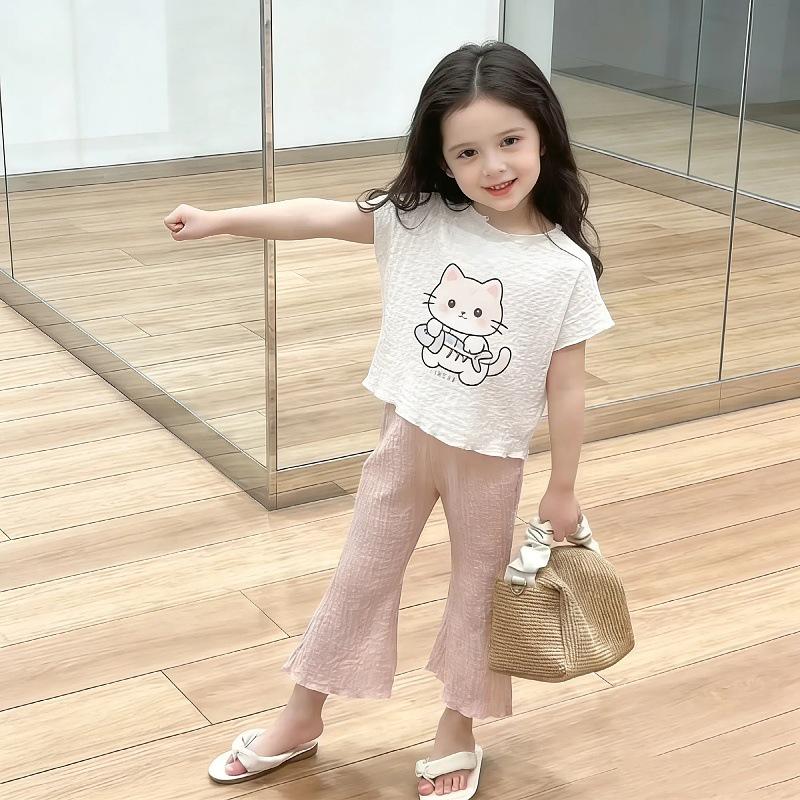 2025 Summer Girls' Bunny & Cat Print Bell Bottom Two-Piece Set