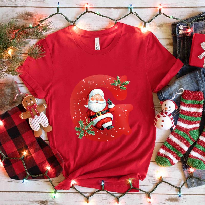 Santa AZ Alphabet Womens Tshirt Christmas Party Casual Tee with Graphic Print Holiday Fashion Y2k Tops for Female Clothing