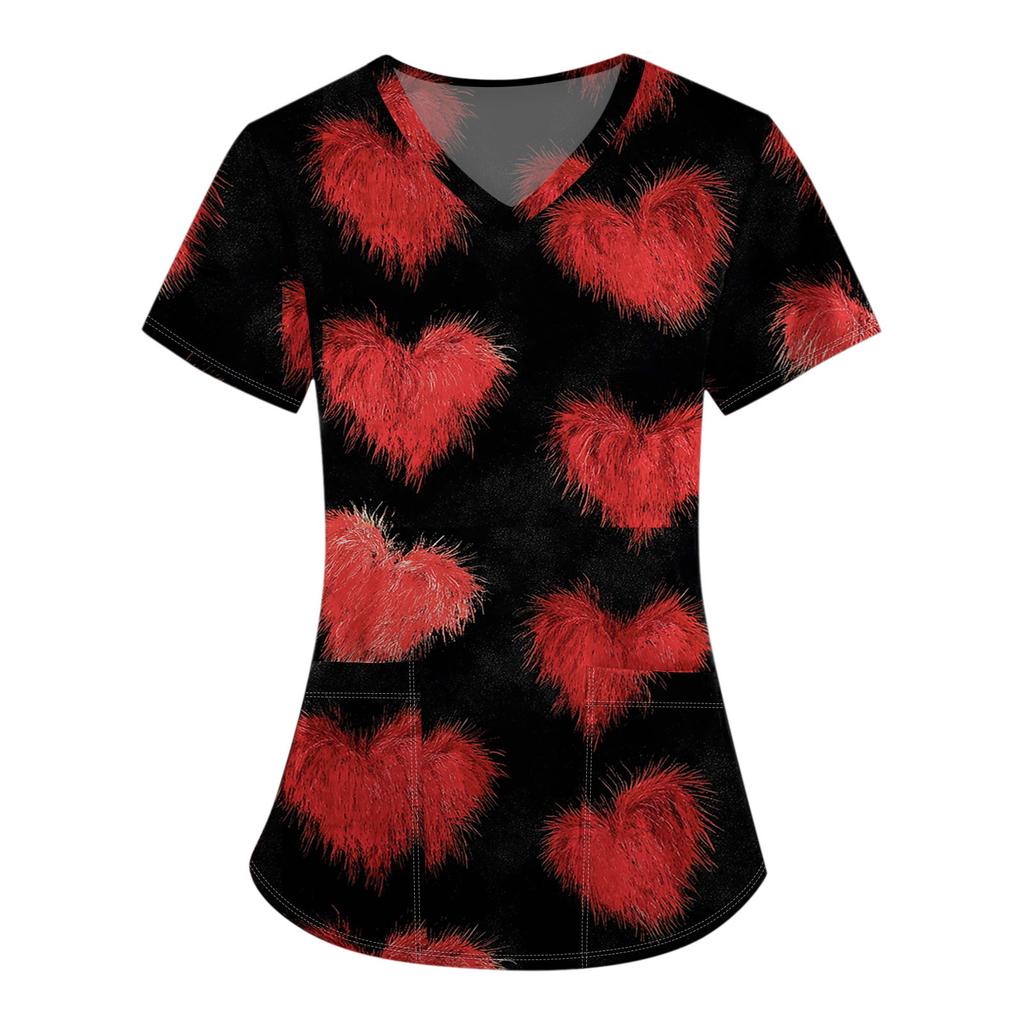 Damenmode V-Ausschnitt Kurzarm Overalls mit Tasche Valentinstag Bedruckte Oberteile Kleidung