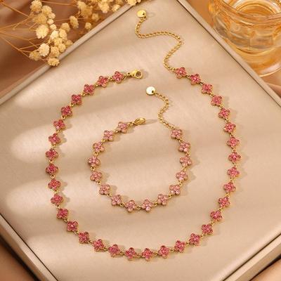 Colorful Diamond Four-Leaf Clover Jewelry Set - Necklace, Bracelet & Earrings for Women