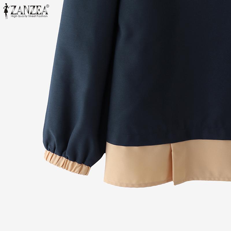 ZANZEA Damen Herbst Rundhals Colorblock Langarm Blusen