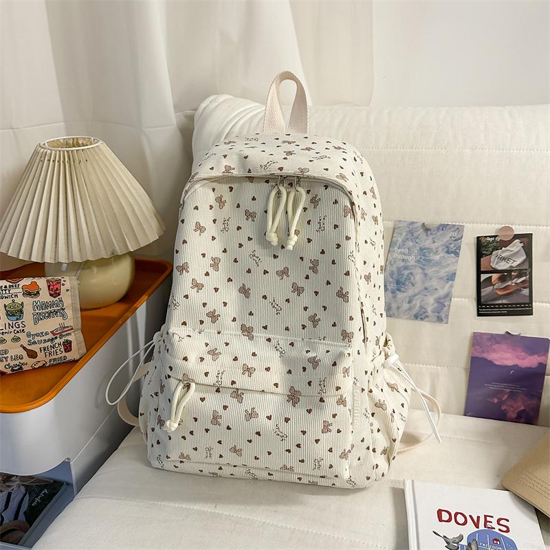 College Style Schoolbag Women's Bow Corduroy Travel Backpack