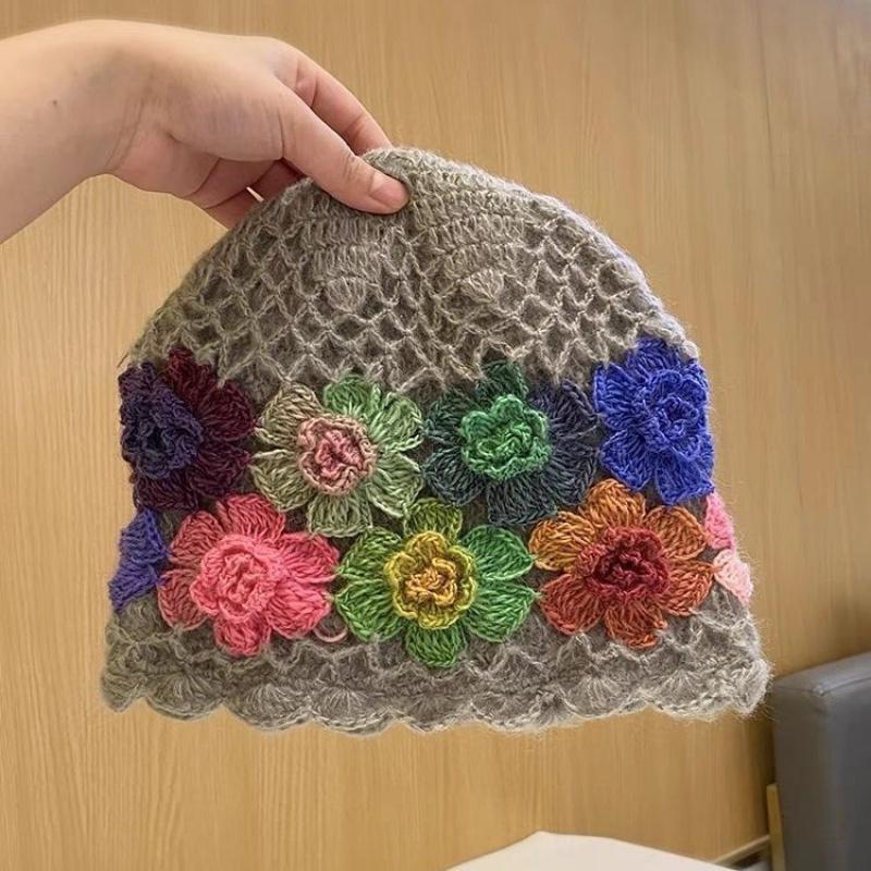 Handmade Crochet Colorful Flower Women'S Hat