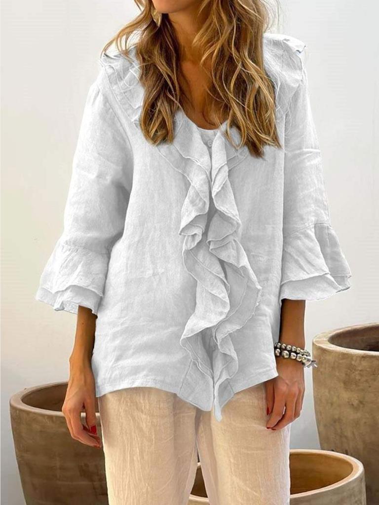 Autumn Solid Color V-Neck Flared Sleeve Leaf Edge One-Row Multi-Buckle Arc Shoulder Top