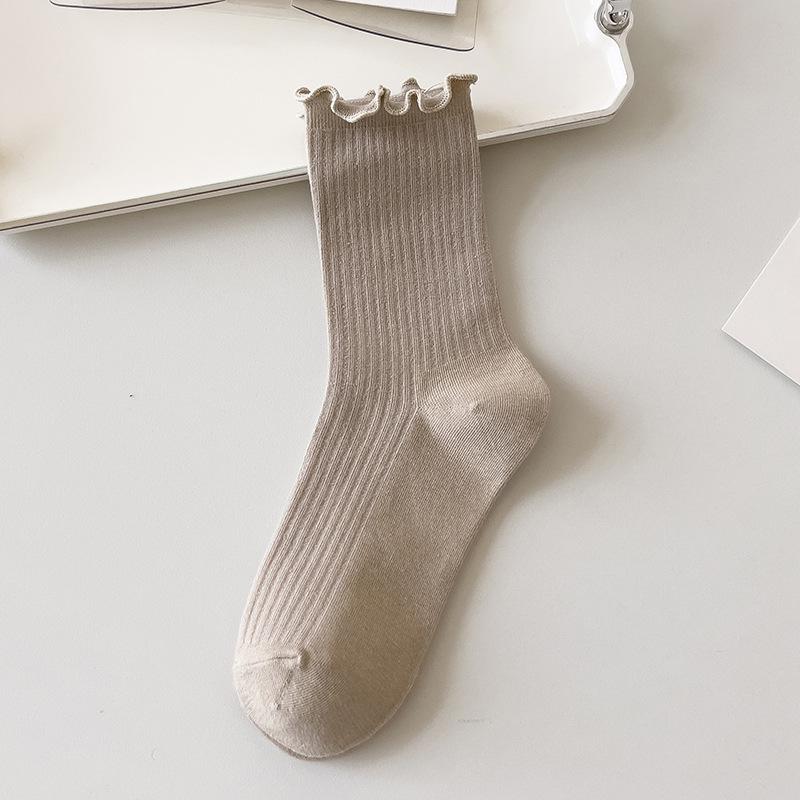 Women's Autumn and Winter Pure Cotton Socks, Mid-calf Socks, Lace Socks, Anti-pilling Black Fungus Edge Pile Socks