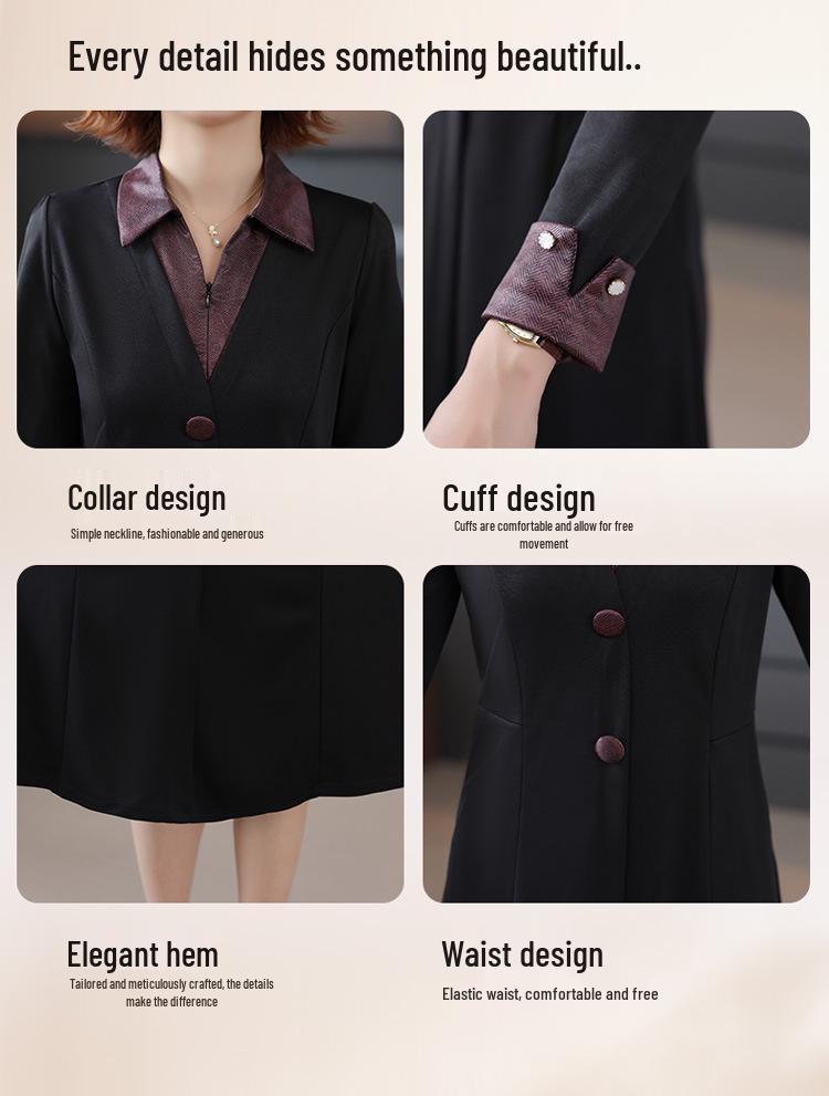 2026 Stylish Patchwork Lapel Dress for Middle-Aged & Elderly Women - Slimming Midi for Spring & Autumn