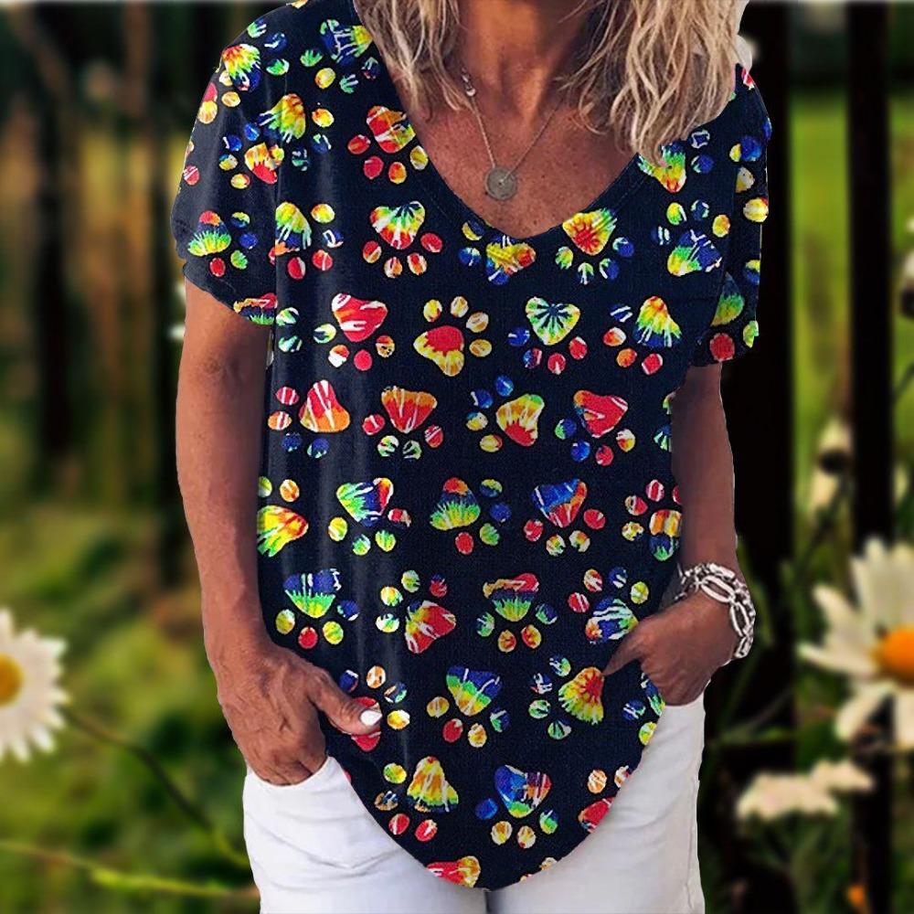 New Rainbow Watercolor Dog Paw 3D Printing T-shirt Women's V-neck Casual Short-sleeved Y2k Top Harajuku Tees Clothing