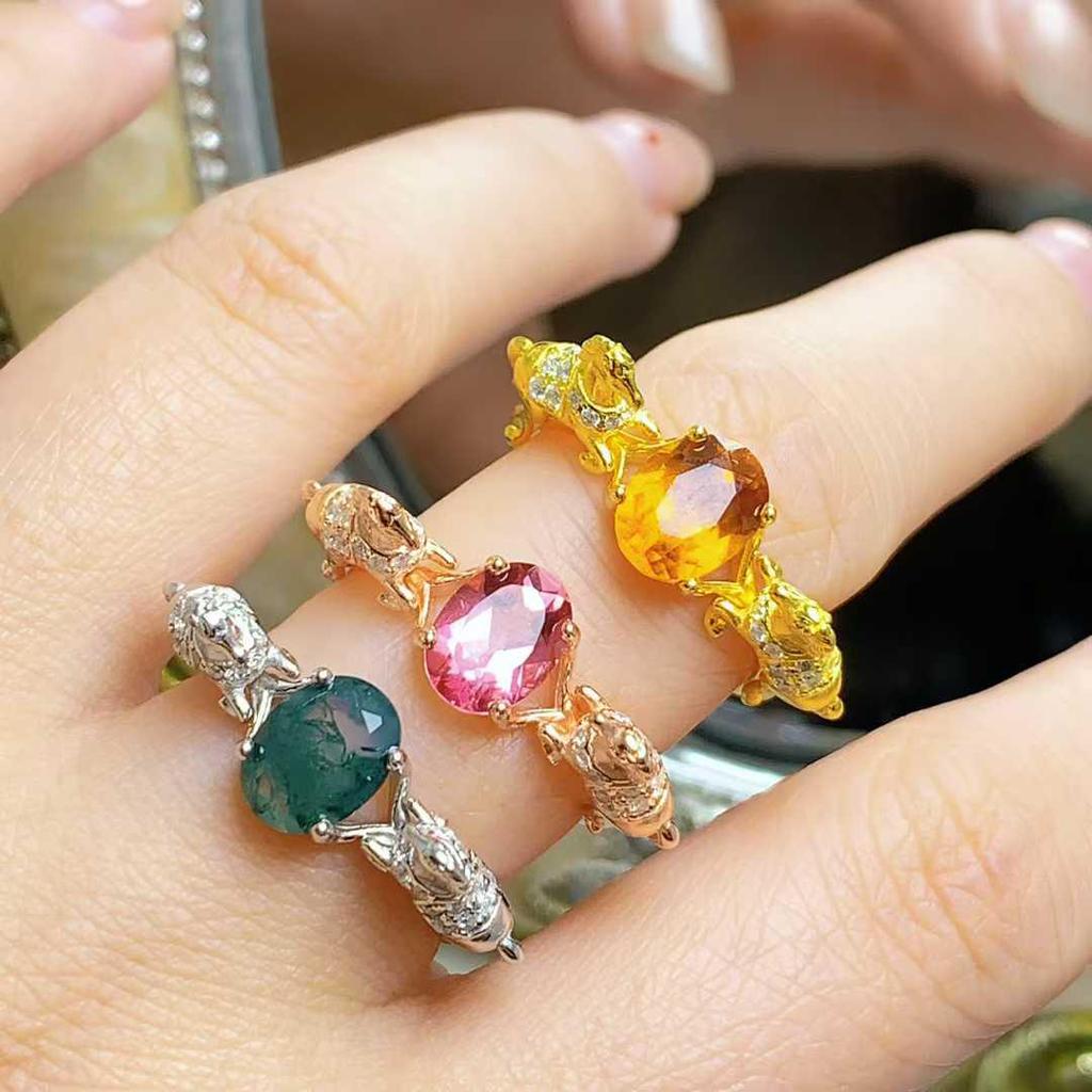 925 Sterling Silver Open Ring with Natural Gemstones and Horse Design - Luxurious High-End Feel